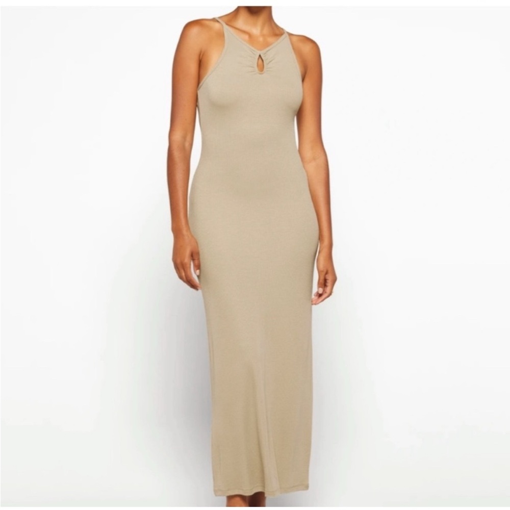 LNA Alsie Rib Maxi Dress 3X Plus Size Pale Khaki NWT Stretch Sleeveless Cutout